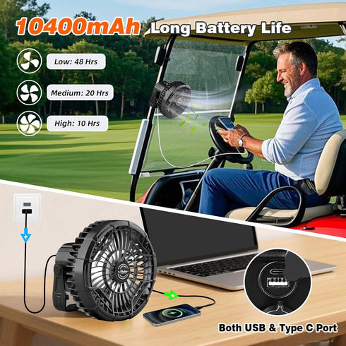 10400 24 1PC Roykaw Golf Cart Fan mAh Rechargeable Battery Powered, Hrs Work Portable Fan with LED Light for Nighttime