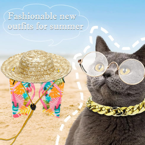 6PCS Pet Dog Cat Costume - Retro Sunglasses, Adjustable Gold Chain Collar & Straw Hat, Funny Accessories for Birthday