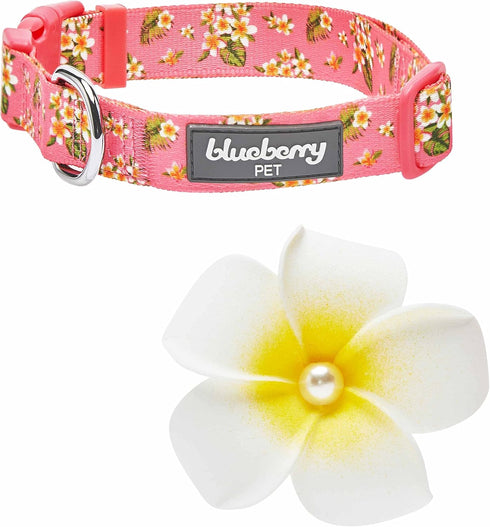 Blueberry Pet Summer Sparkle Dog Collar, Adjustable Large Size, Neck 18"-26", Tropical Flower Baby Pink Hibiscus Floral