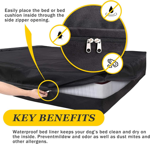 Dog Bed Covers, 30L × 20W × 3H Inch Washable Black Oxford Fabric with Handles and Zipper, Reusable Liner for Small to