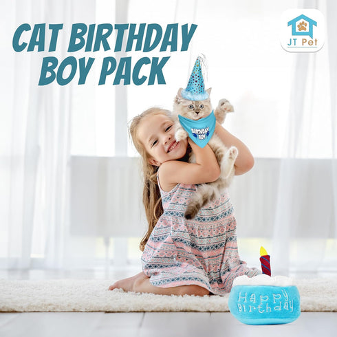 Cat Birthday Boy Party Pack, Bandana, Star Spangled Blue Party Hat, Catnip Birthday Cake Toy