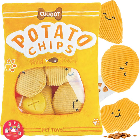 Treat Dispensing Dog Toys, Crinkle Squeaky Interactive Puzzle Toys for Medium and Large Dogs (Potato Chips)