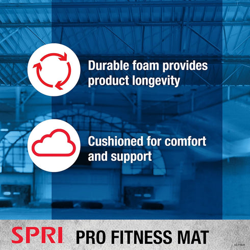 SPRI 12mm Pro Fitness Mat - Thick Exercise Mat for Floor Workouts, Non-Slip, Cushioned, Portable with Carrying Strap