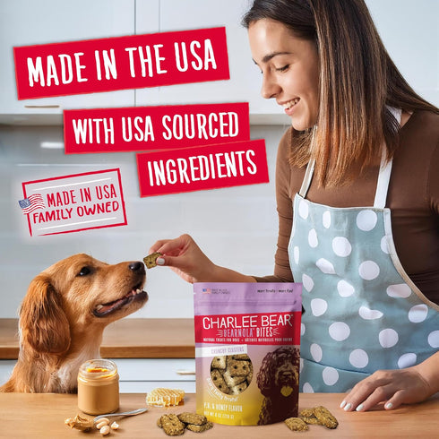 8 Charlee Bear Bearnola Bites Crunchy Dog Treats, Peanut Butter and Honey, Ounce Resealable Bag, Limited Ingredient