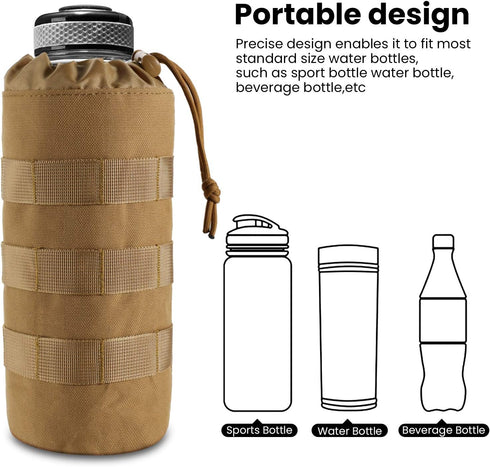 Tactical MOLLE Water Bottle Pouch - Military Water Bottle Holder Bag with Drawstring Open Top & Mesh Bottom
