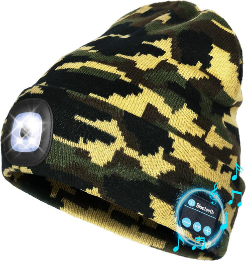 Wmcaps Bluetooth Beanie with Light, Unisex USB Rechargeable 4 LED Fashlight Hat with Cordless Headphones, Unique Gift