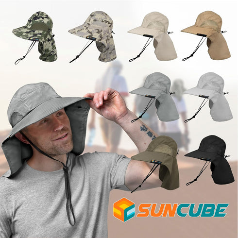 SUN CUBE Wide Brim Sun Hat with Neck Flap, UPF50+ Fishing Safari Hat for Men Women, Beach Protection