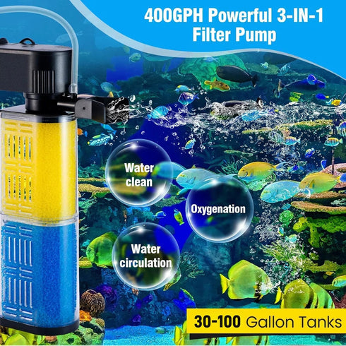 400GPH 30~100 Fish Tank Filter, Ultra Quiet Submersible Sponge Filter for Gallon Aquariums Easy-Clean Bio Sponge