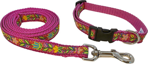 Preston Bristol Flower Dog Collar and Leash Set - Bright Multi Colored Floral Ribbon on Raspberry Pink