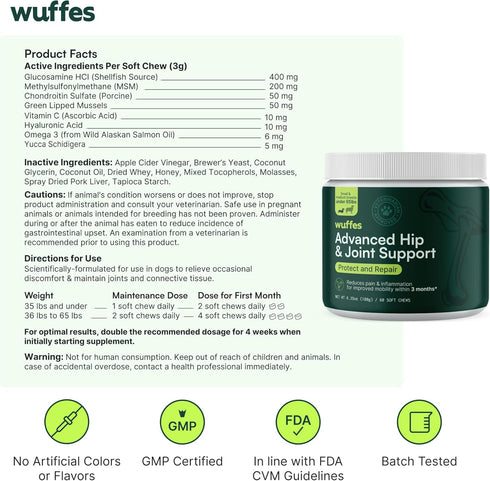 Wuffes Chewable Dog Hip and Joint Supplement for Small & Medium Breeds - 60 Ct Glucosamine & Chondroitin