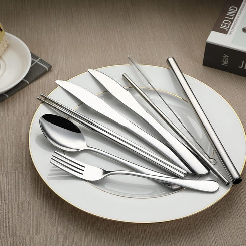VANDBAO Camping Utensils Set, Portable Travel Cutlery with Case, Includes Extra Steak Knife and Boba Straw