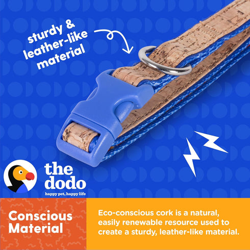 The Dodo Cork Dog Collar, Medium Size, Adjustable Snap Together, Pinch Release Buckle, Stripe Design
