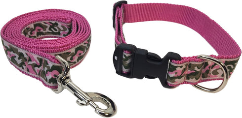 Preston Camouflage Dog Collar and Leash Set - Pink Camo on Pink Webbing (Large)
