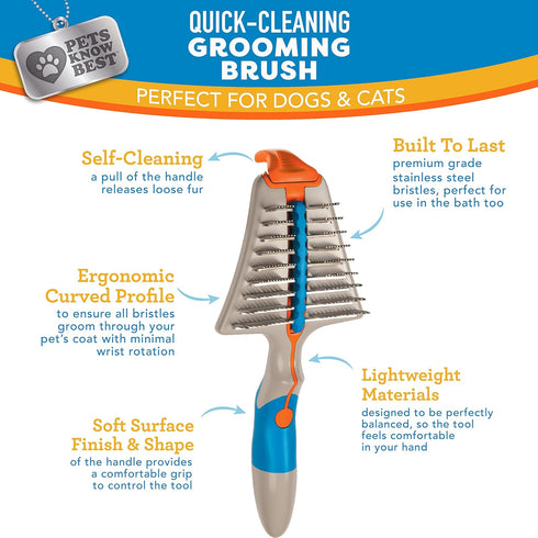 Quick-Cleaning Grooming Brush by Pets Know Best, Self-Cleaning Deshedding Tool for Cats & Dogs, Gentle Detangling