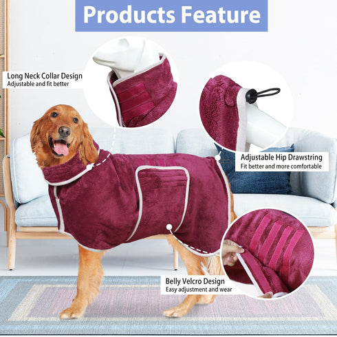 Dog Bathrobe Towel Drying Coat - Super Absorbent Dog Towels Bath Robe for Drying Dogs Large, Soft Adjustable Collar