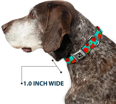 Dog Collar Seatbelt Buckle, Red Roses Polka Dots, Turquoise, 9 to 15 Inches, 1.0 Inch Wide