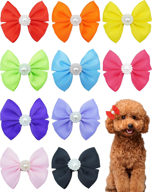 PET SHOW 10Pcs 2" Plain Small Dog Hair Bows - Faux Pearls Pet Bowknot Barrette Bows for Medium Dogs, Grooming