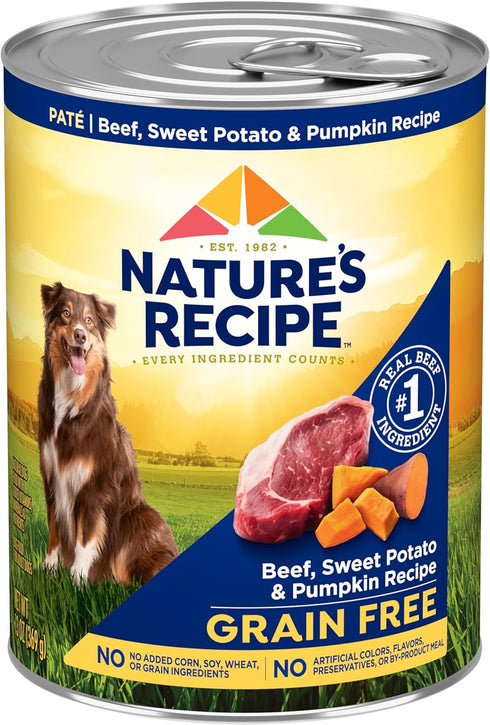 13 oz. (Pack 12) Natures Recipe Grain Free Wet Dog Food Beef, Sweet Potato, and Pumpkin Recipe, Can