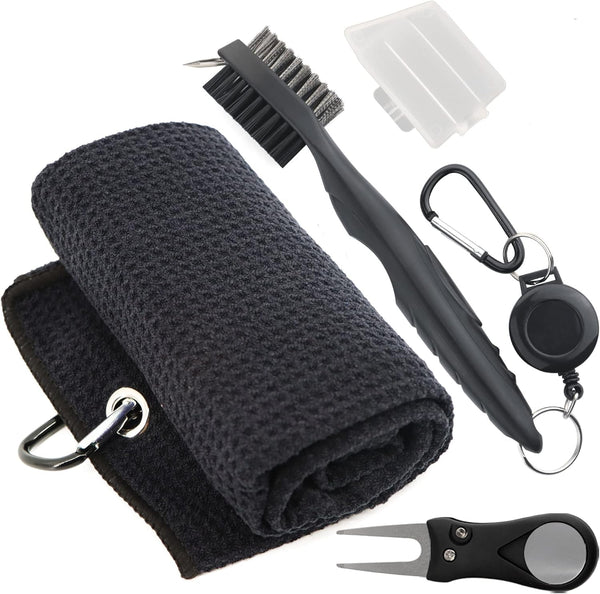 Golf Accessories Kit, Golf Club Cleaning Kit - Microfiber Towel, Club Brush, Divot Tool with Marker