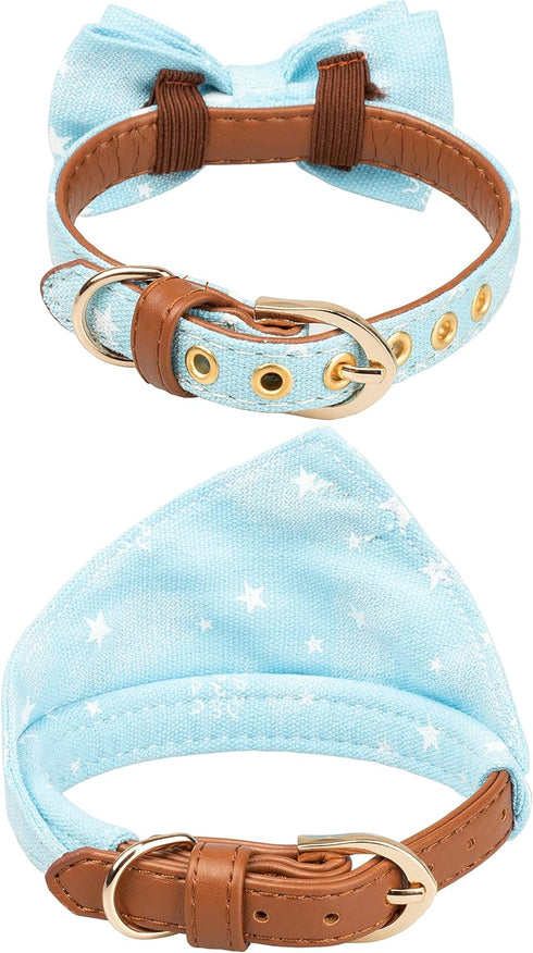 Small Dog Collar Puppy Cat - 2pcs Set Bow Tie & Bandana in Durable Blue Stars PU Leather Canvas