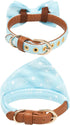 Small Dog Collar Puppy Cat - 2pcs Set Bow Tie & Bandana in Durable Blue Stars PU Leather Canvas