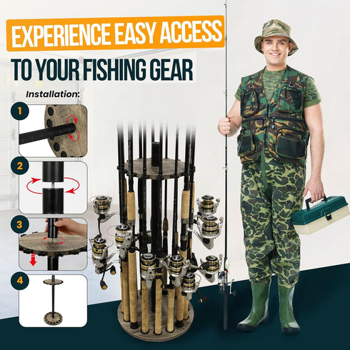 Rush Creek Creations Round Spinning Fishing Rod Holder for 16 Poles, Fishing Gear and Accessories | Fishing Rod Rack