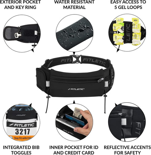 Fitletic - Ultimate II Running Pouch with Gels, Runners Pouch, Running Waist Belt with Gel Loops, Exterior Pocket