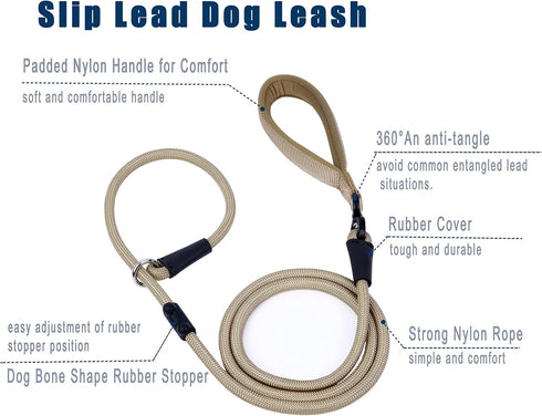Slip Lead Dog Leash(6ft),Strong Nylon Rope Leash Anti-Choking Anti-Pull and Outdoor Walking Training Lead for Small Medium Large Dogs (Light Military Tan, 1/2"×6ft)
