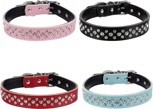 Adjustable Rhinestones Pet Dog Collars - Sparkly Crystal Studded Genuine Leather for Small and Medium Dogs - 1" Wide