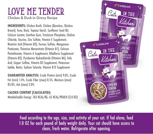 Weruva Cats in The Kitchen, Love Me Tender with Chicken & Duck in Gravy Cat Food - 3oz Pouch (Pack of 12)