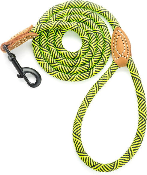 Mile High Life Mountain Climbing Dog Rope Leash - Heavy Duty Metal Clasp, Genuine Leather, Lime Green
