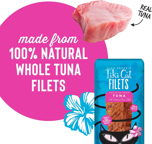 Tiki Cat Filet, All Natural Tuna, High Moisture Non-GMO Wet Cat Food Topper, 1 oz Pouch, Pack of 12