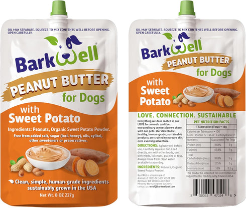 8oz BarkWell Peanut Butter Squeeze - Pouch Sweet Potato All-Natural Dog Peanut Butter, Sourced and Made in The USA