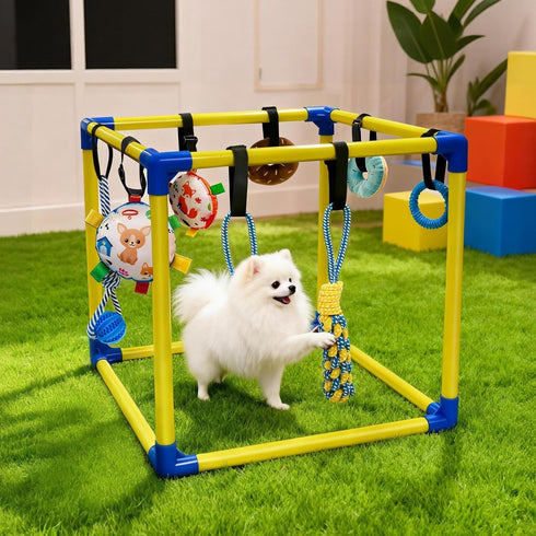 Bhyhok 8 Puppy Play Gym with Hanging Toys, Indoor Activity Gym for Small Dog with Enrichment Interactive Toy Adjustable