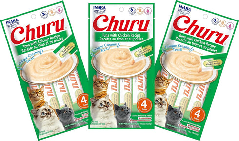 INABA Churu Cat Treats, Grain-Free, Lickable Creamy Purée with Vitamin E & Taurine, 0.5 Ounces Each Tube, 12 Tubes