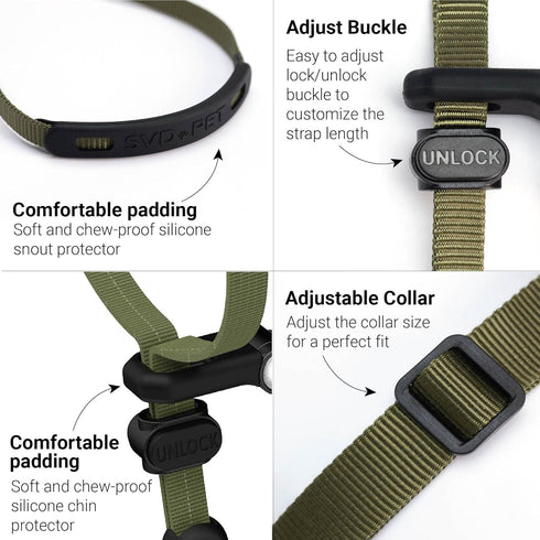 SVD.PET No-Pull Dog Headcollar for Easier Walks, Chew-proof protector to Increase Comfort, Simple Design, Easy to Wear and adjust (Medium size for small and medium size dogs, Army Green)