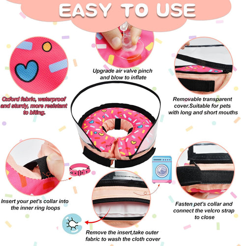 Dog Cone, Dog Surgery Collar, Inflatable Cone for Small Medium Large Dogs, Pink Doughnut Dog Cone Collar, Does Not