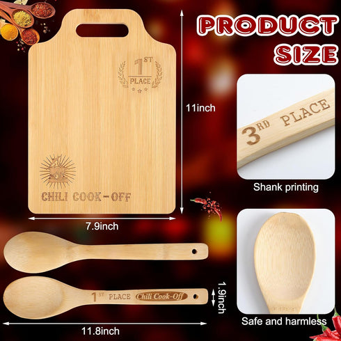 Set 3 1st 2nd 3rd Sliner of Chili Cook off Prizes Wooden Cutting Boards with Handle Spoon Chili Cook off Trophies