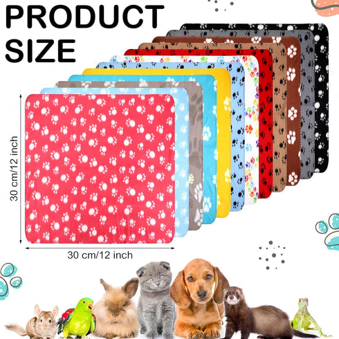 12 Pieces Fleece Blankets for Pets Dog Puppy Blankets Paw Print Dogs Cat Blanket Bedding Cover for Small Animals Guinea Pig Cage Liner Sleep Pet Mat Pad Kitten Soft Warm Blanket (12 x 12 inches)
