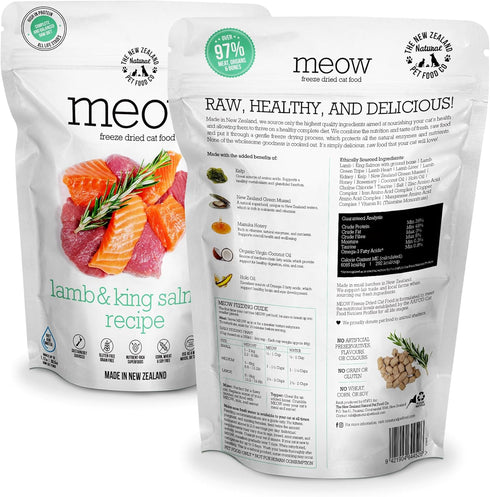 Meow Freeze Dried Cat Food, High Protein Lamb & King Salmon Recipe, Meals & Toppers, Dry Cat Food, 9.9oz