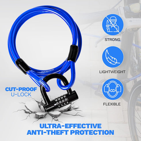 Security Cable Lock Set - 5' to 25' Weatherproof Keyless U-Lock with Combination for Bikes and Equipment