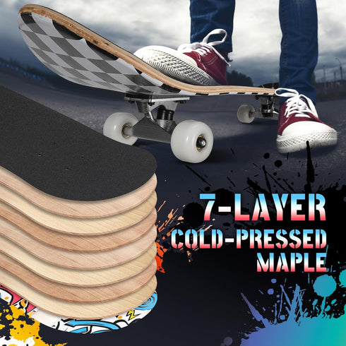 Pro Complete Skateboards for Beginners - 31"x8" Skate Boards, 7 Layers Canadian Maple Double Kick Deck