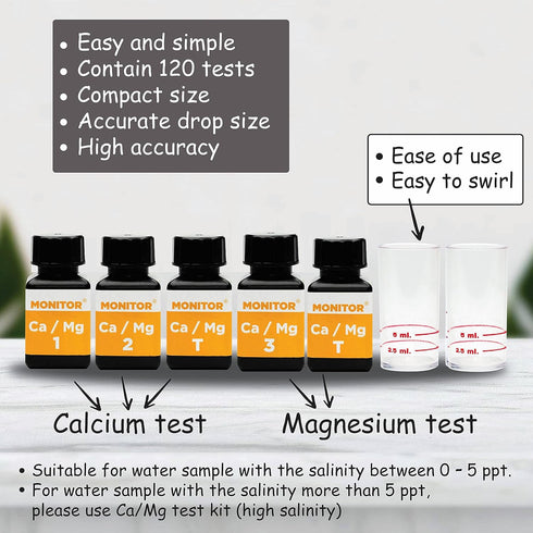 Monitor Calcium/Magnesium Low Salinity Test Kit, 120 Tests for Aquarium Water Quality