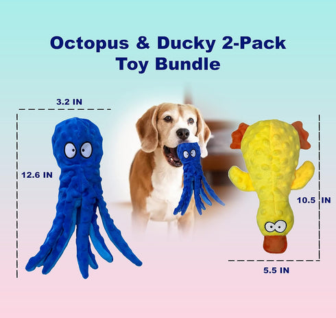 Squeaky Dog Toys for Small, Medium, and Large Breeds, Tough Durable Soft Crinkle Plush Puppy Toys (Octopus+Ducky) 2 Pack