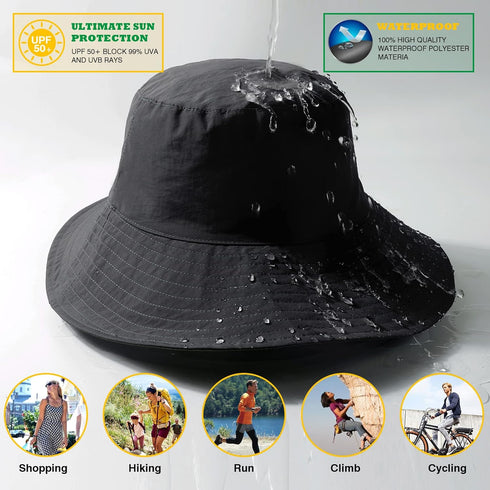 Waterproof Bucket Rain Hat for Men Women, Wide Brim Sun Protection Packable Boonie Hat for Outdoor Beach Fishing