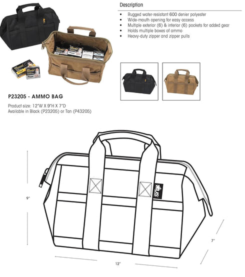 P23205 Ammo Bag - Heavy Duty Water Resistant Fabric - Easy Access Opening - Black with Heavy Duty Zippers