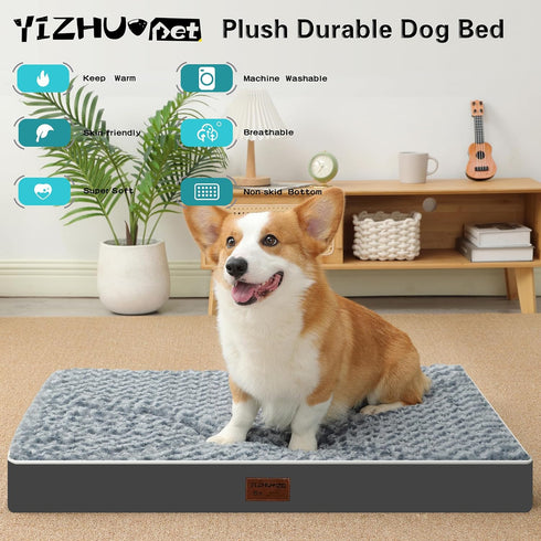 Dog Bed Mats for Medium Dogs, Orthopedic Durable Crate Bed Mattress of Thick Egg Foam, Rose Plush Washable Cover, Grey
