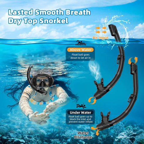 Snorkel Set for Adults, Anti-Leak and Anti-Fog Gear, Tempered Glass Lens, Dry Top Snorkel Kit with Carry Bag