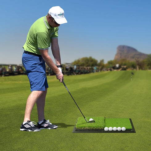 Jaya Golf Hitting Practice Mat, Two Options (Heavy Rubber Base Dual-Turf Mat with Ball Tray, Tri-Turf Mat with Practice