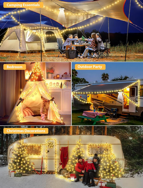 2Pack 4 1 32.8FT 6 Camping String Lights, in Quick Storage Camping Essentials Gear Rechargeable Tent Lights with Modes